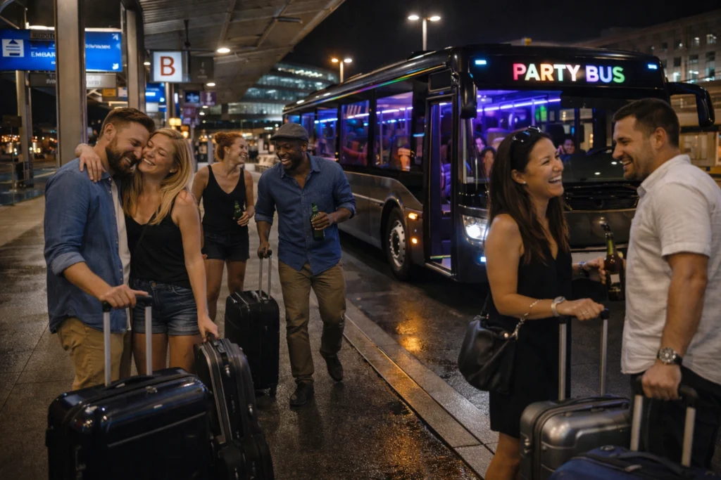 Group meeting their party bus at an airport pickup point at night with luggage, showing the agreed meeting spot outside the terminal.