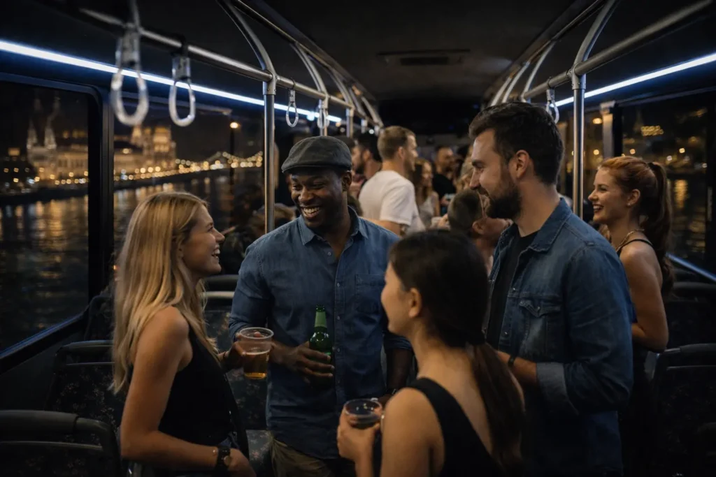Group of friends chatting with drinks inside a party bus at night, with Budapest city lights visible through the windows.