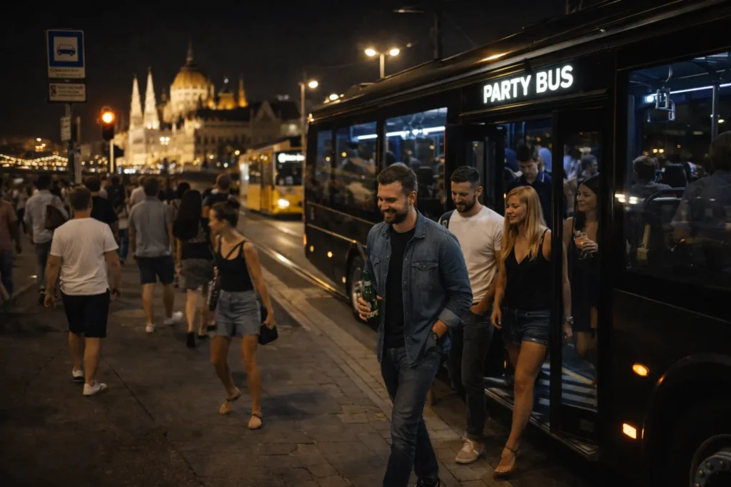 People stepping off a party bus at night by the Danube, with Budapest landmarks glowing in the background, showing a realistic stop between venues.
