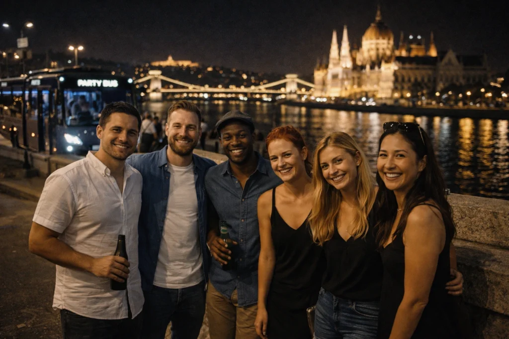 Friends posing together by the Danube at night with their party bus nearby, with the Chain Bridge and Hungarian Parliament lit up in the background.