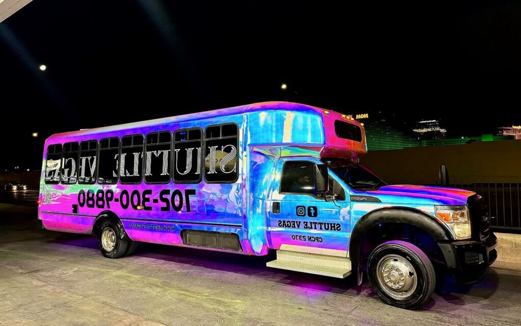Colorful illuminated party bus representing why choose party bus in Budapest for several occasions.