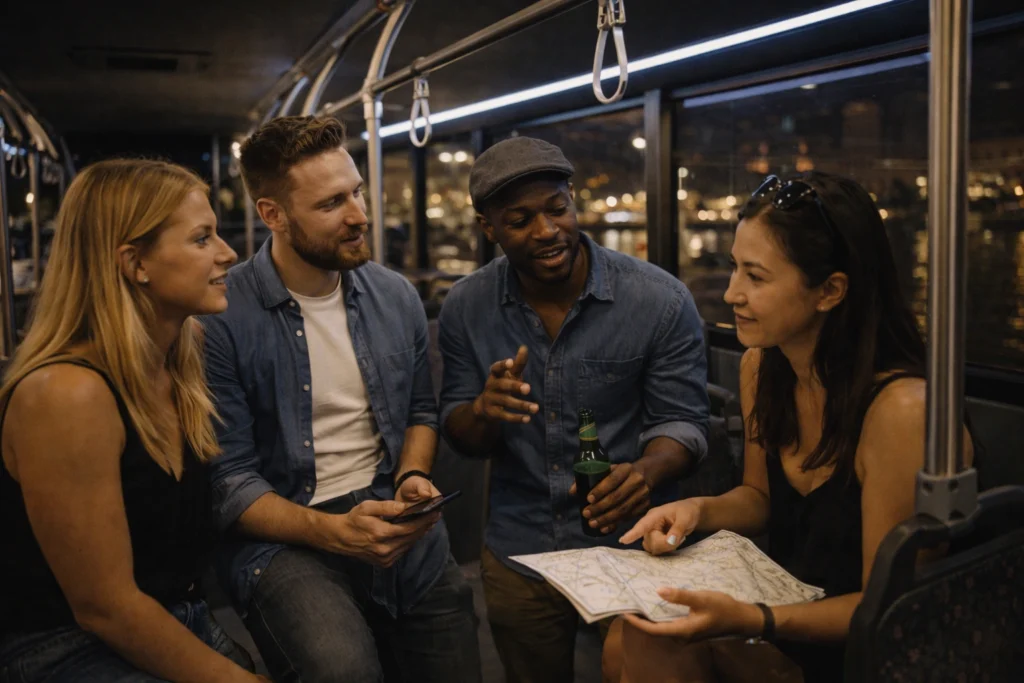 Friends discussing their route plan inside a party bus at night, checking a map and phone with city lights visible through the windows.