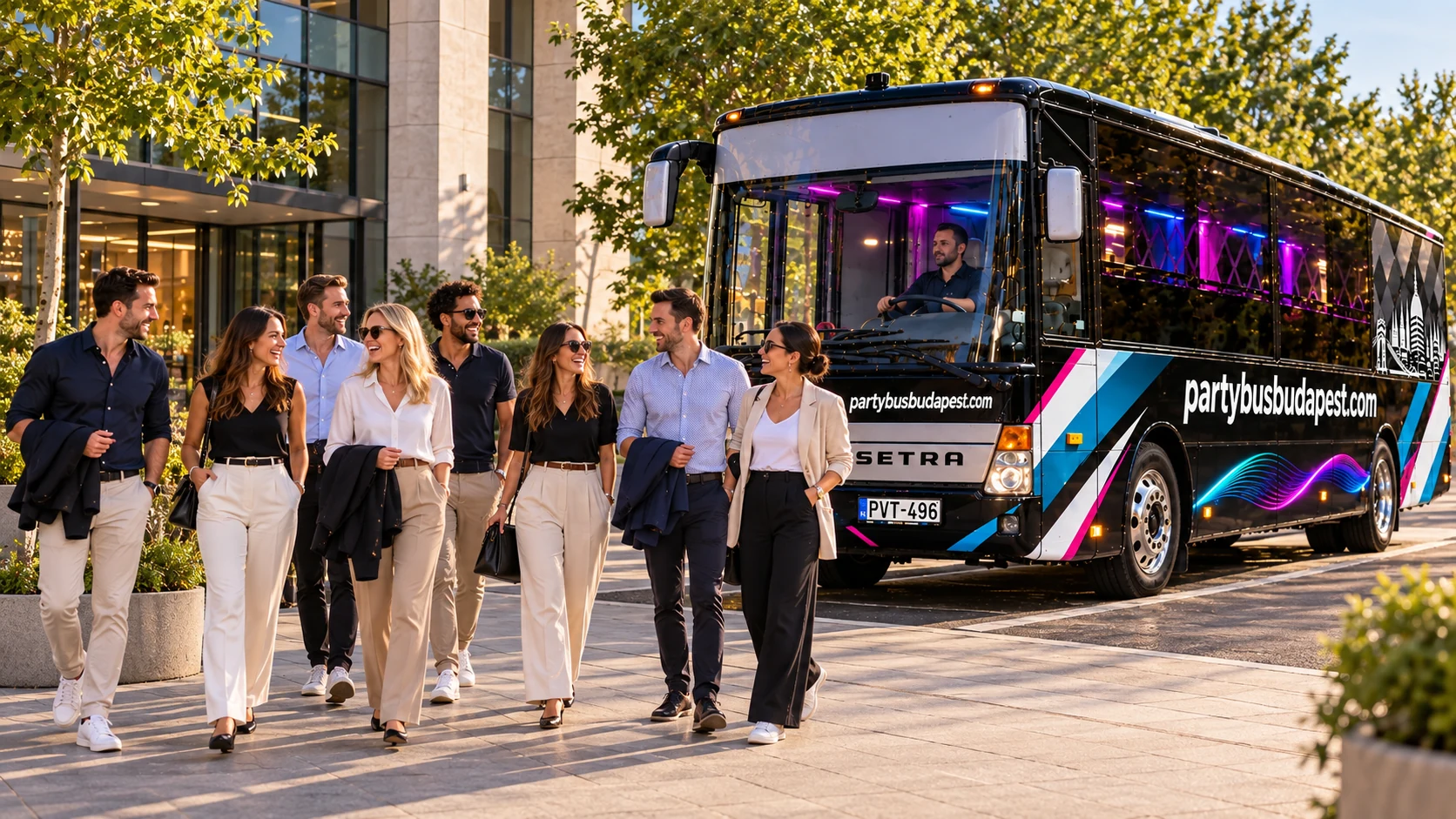 Colleagues beside a private party bus outside a Budapest event venue
