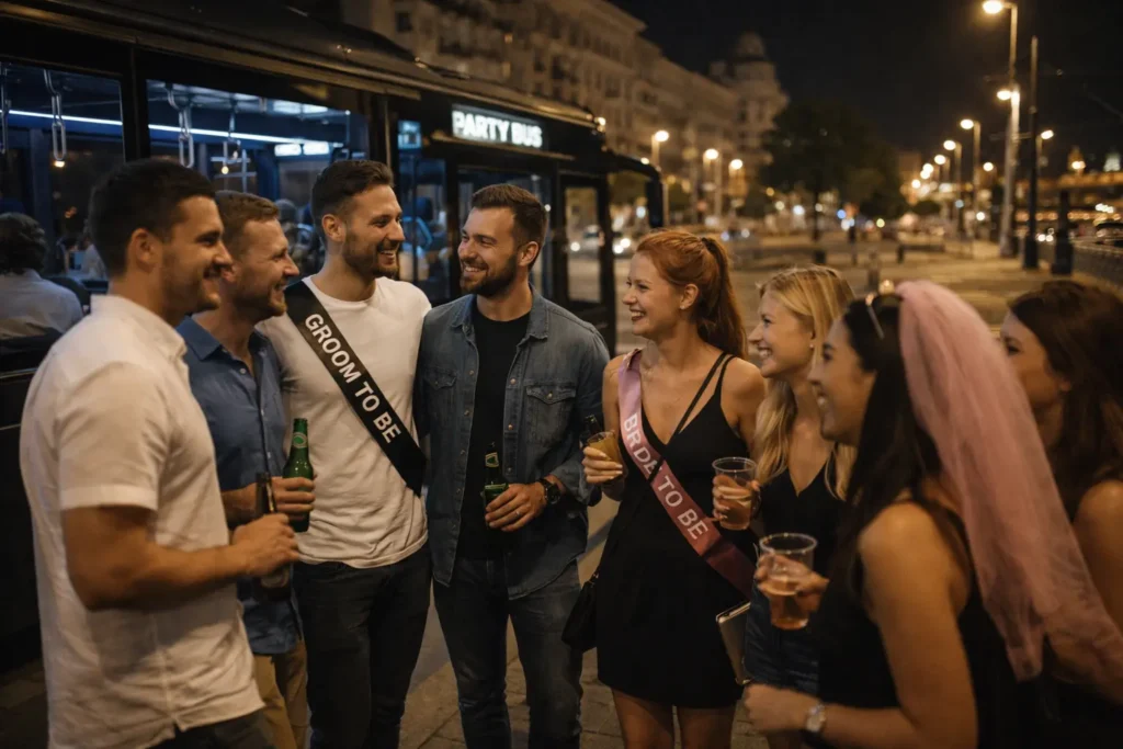 tag and hen groups chatting outside a party bus at night on a city street, showing an easy meetup and drop off spot near nightlife areas.