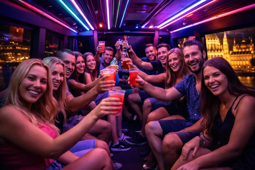 International group enjoying the neon lit interior of a party bus in Budapest at night, showing the onboard vibe and helping readers choose the right party bus size  before booking.