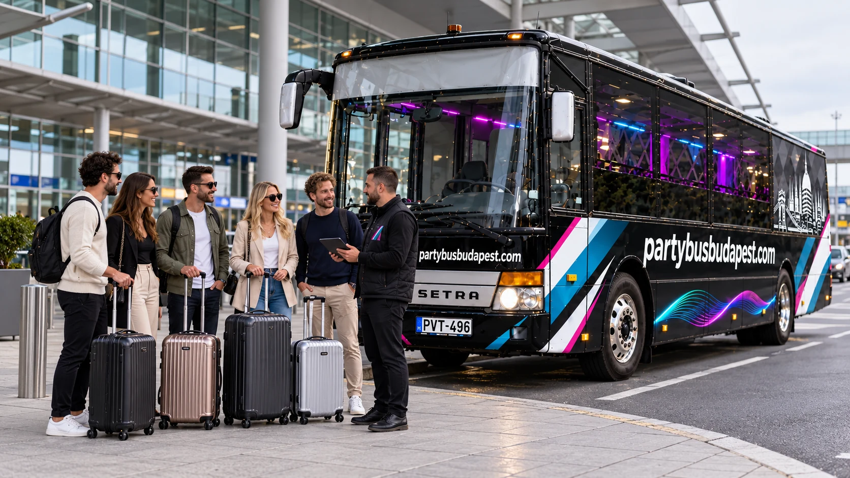 Group with suitcases beside a Budapest airport party bus