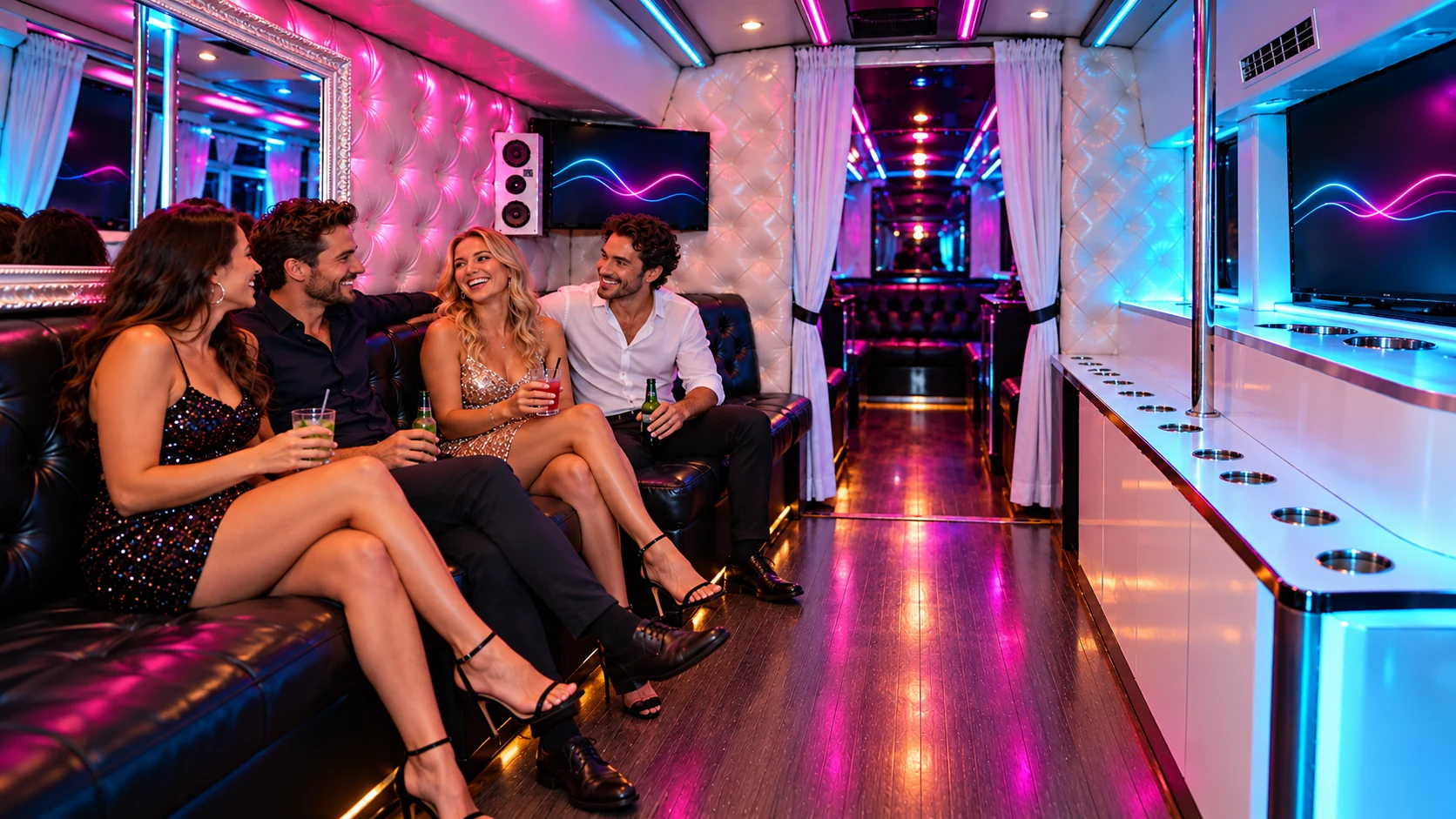 Party bus lounge seating with a clear central aisle and separate rear section