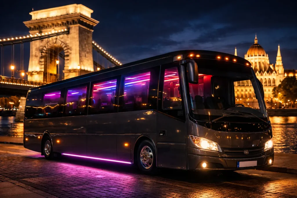 Black party bus in Budapest at night by the Danube, with tinted windows and neon interior lights, illustrating party bus size options for group bookings.