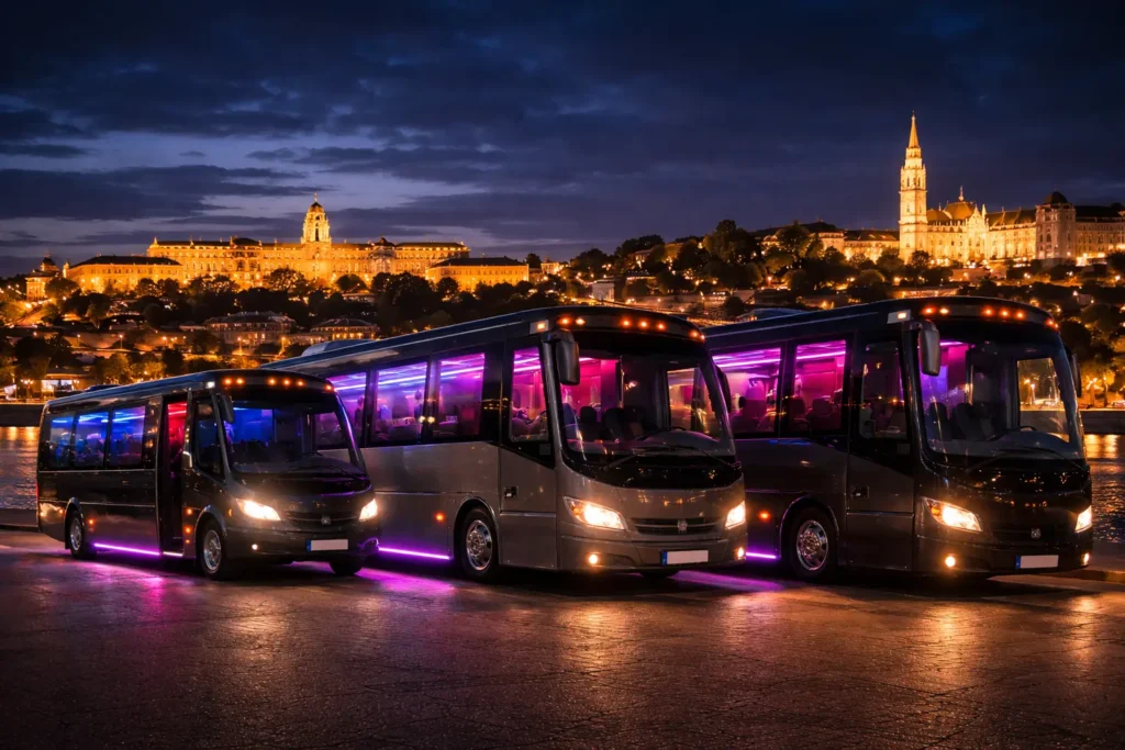 Three different size party buses parked in Budapest at night by the Danube, showing small, medium, and large party bus size options for group bookings and nightlife transfers.