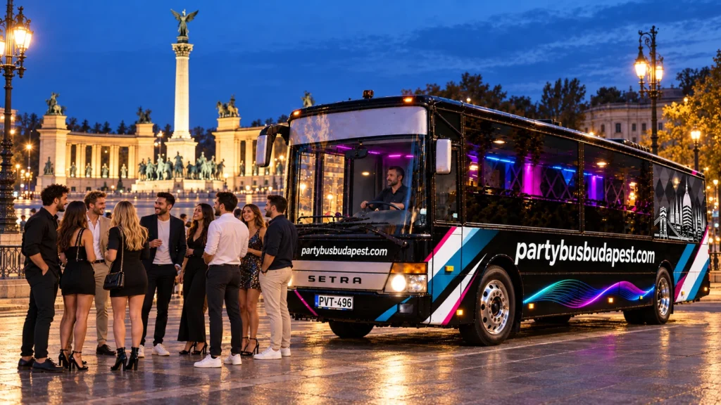 Friends beside a party bus near Heroes’ Square in Budapest