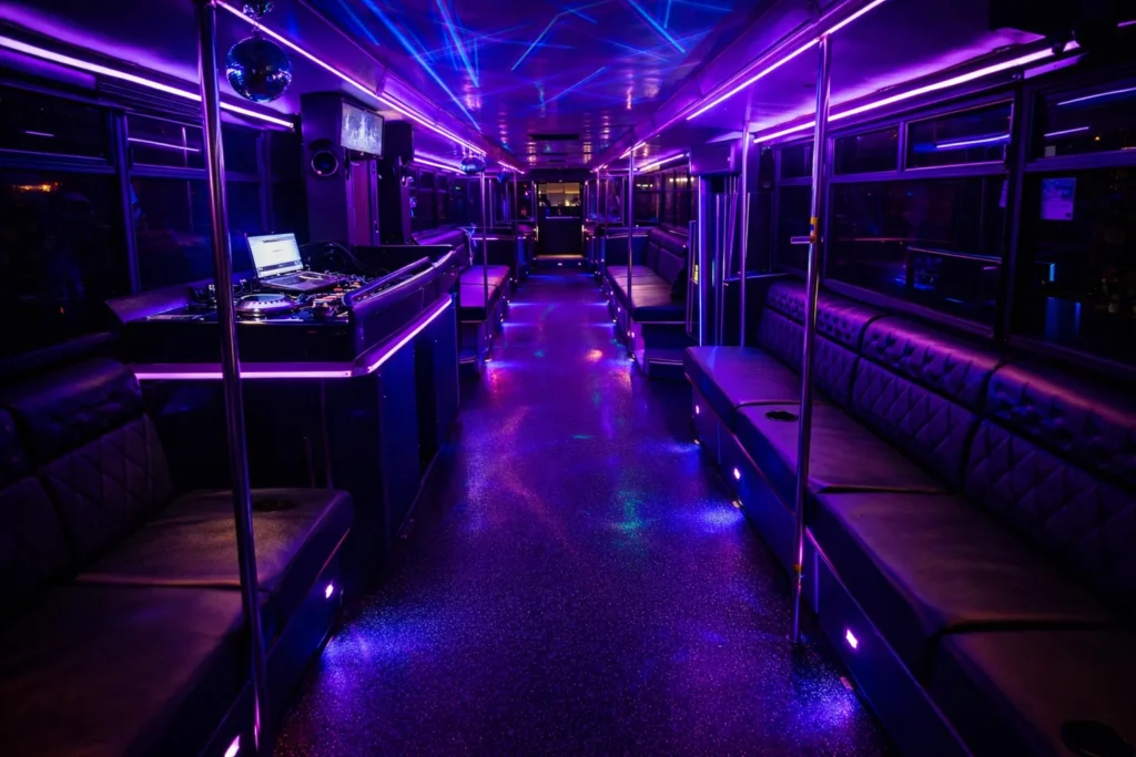 Party bus interior with LED strip neon lighting, lounge seating, and a dj stand in the center aisle.