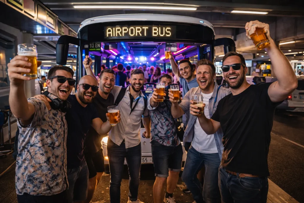 Stag group raising beers in front of a party bus at the airport at night, with neon lights glowing inside, airport party bus pickup in Budapest.