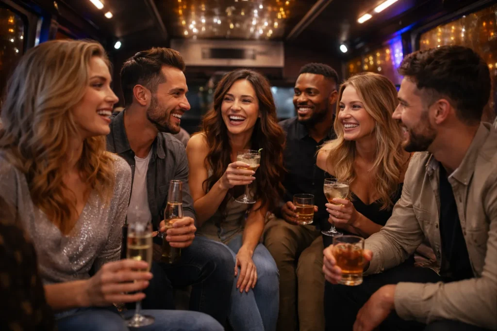 Mixed group of friends chatting and laughing inside a party bus, holding drinks under soft warm interior lighting.