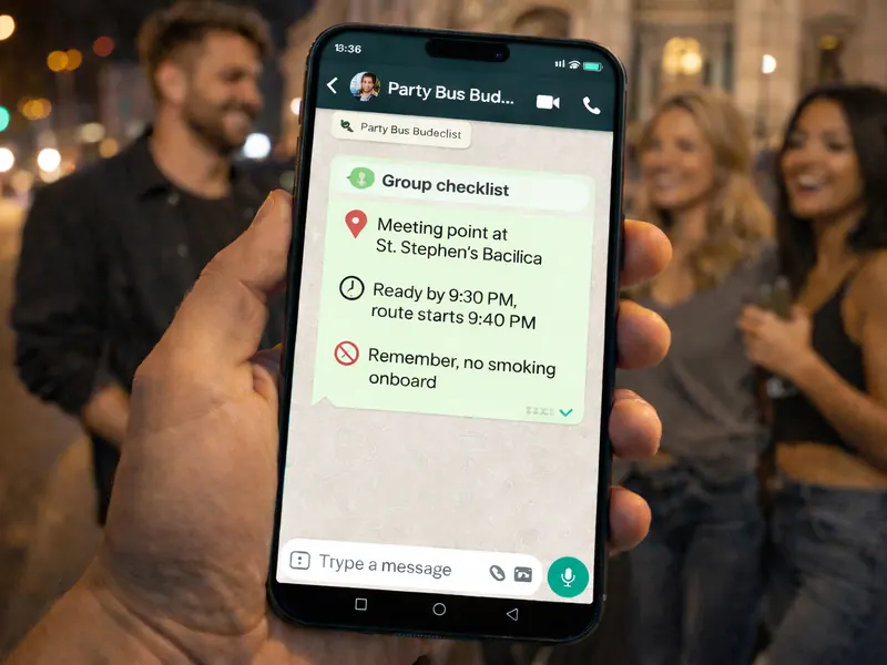Hand holding a phone showing a group checklist for a Budapest night out, with friends smiling outside St. Stephen’s Basilica in the background