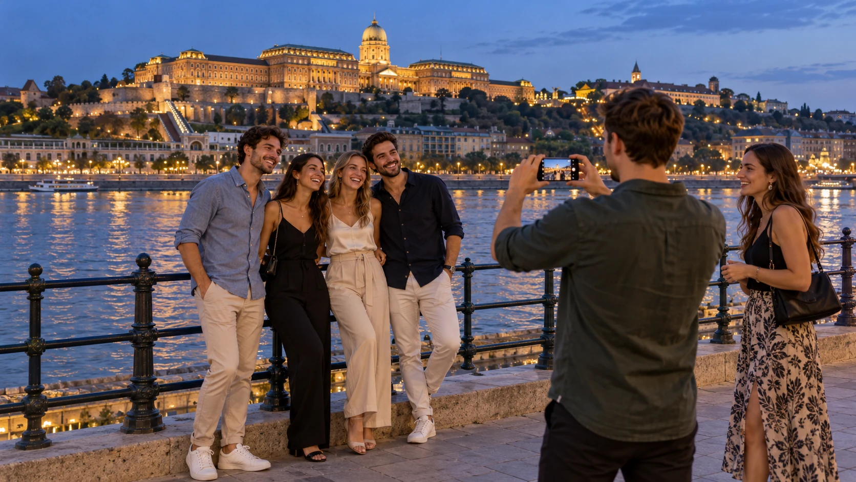 Friends taking a group photo beside the Danube with Buda Castle in the background