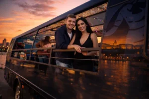 Couple leaning on the railing of a black party bus at sunset in Budapest, warm city lights in the background, a strong opening image for a practical party bus route planning guide.