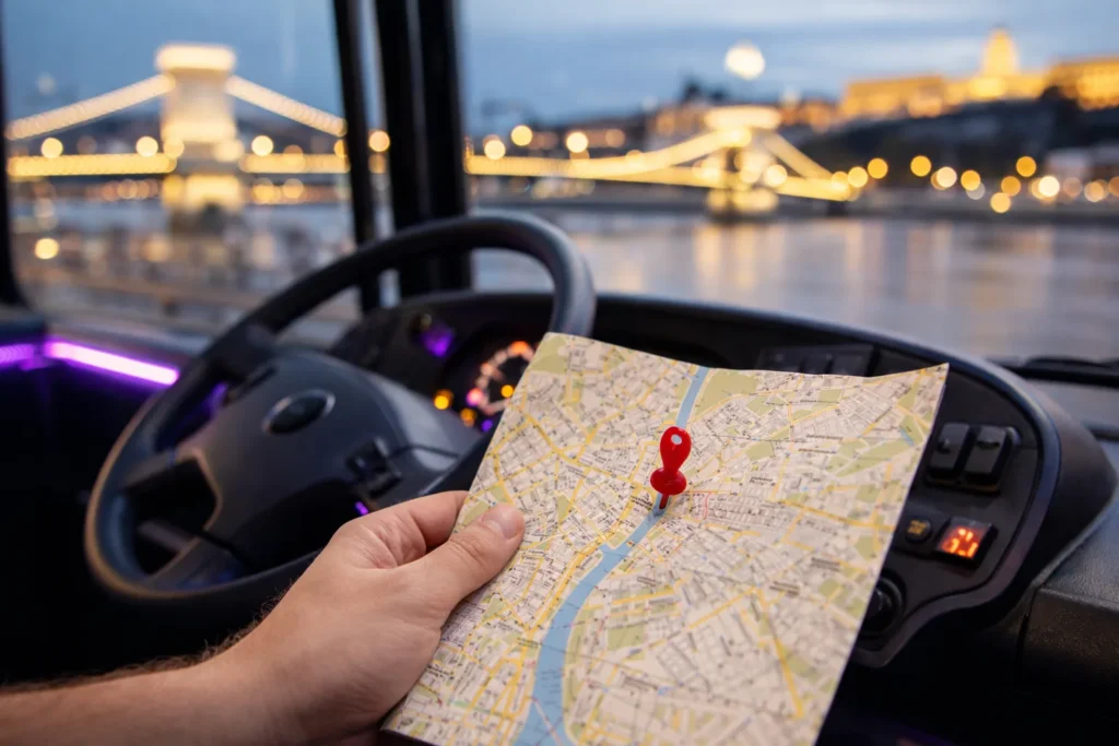 Hand holding a city map with a red pin inside a party bus, with Danube lights softly blurred outside, a practical visual for setting the meeting point and arriving 10–15 minutes early.