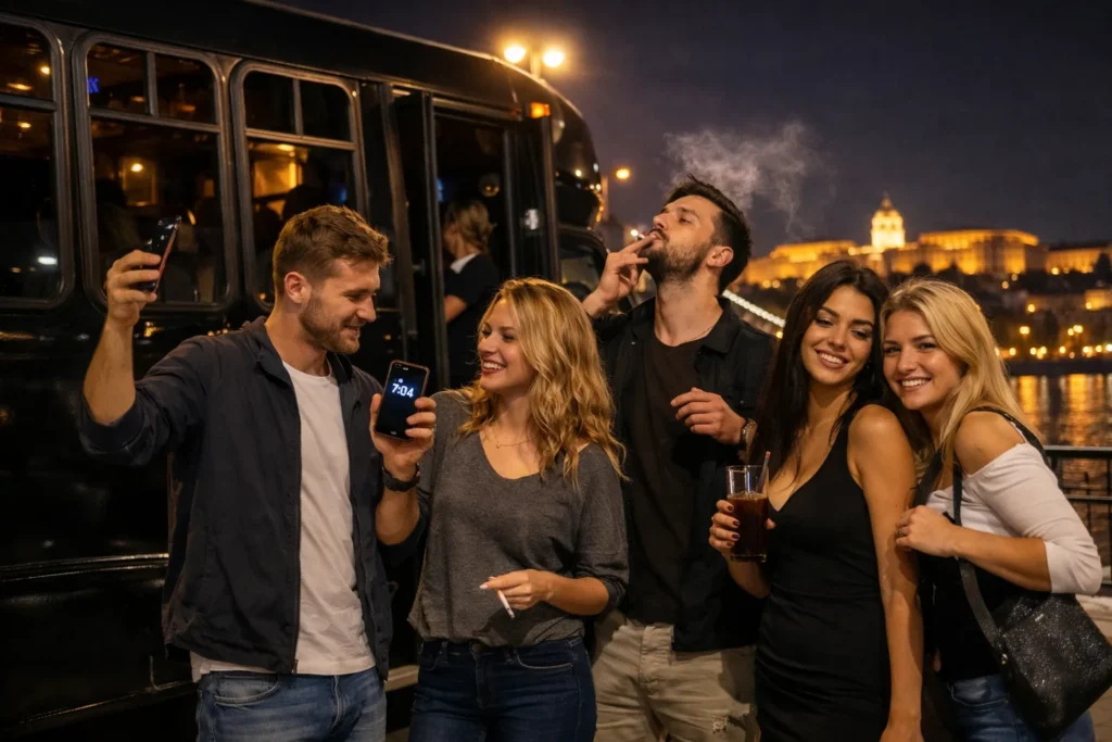 Group of friends taking a quick break beside a black party bus at night by the Danube in Budapest, holding drinks and a phone, a practical visual for keeping stops to 5–10 minutes so the route stays on schedule.
