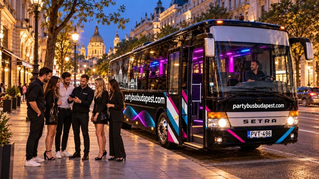Group meeting beside a party bus at an evening pickup point in Budapest