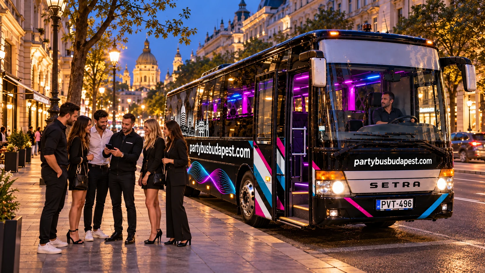 Group meeting beside a party bus at an evening pickup point in Budapest