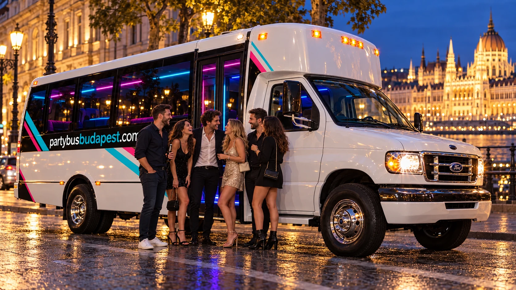 Friends beside a white 20-person party bus with turquoise and pink graphics in Budapest at dusk