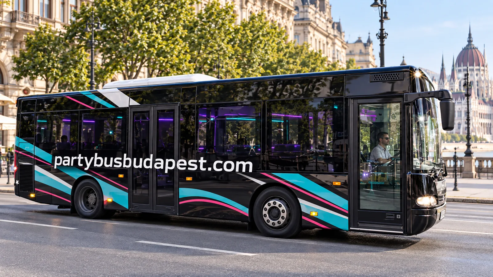 Black party bus with turquoise graphics near the Hungarian Parliament