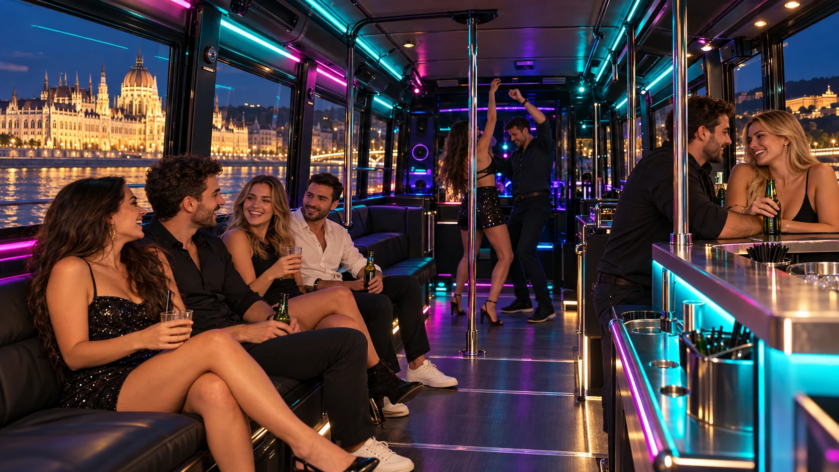 Guests chatting at the bar and dancing inside a 30-seater party bus with turquoise and pink lighting