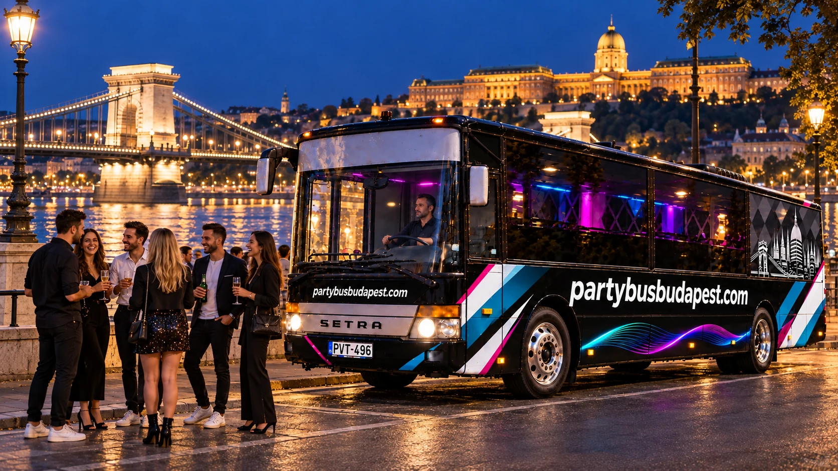Black 40-person Setra party bus beside the Danube, with a group of friends and Budapest’s Chain Bridge in the background.