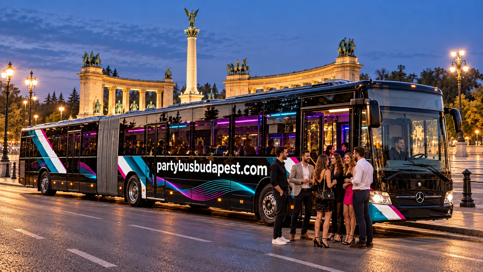 Black articulated 50 seater party bus at Heroes' Square in Budapest