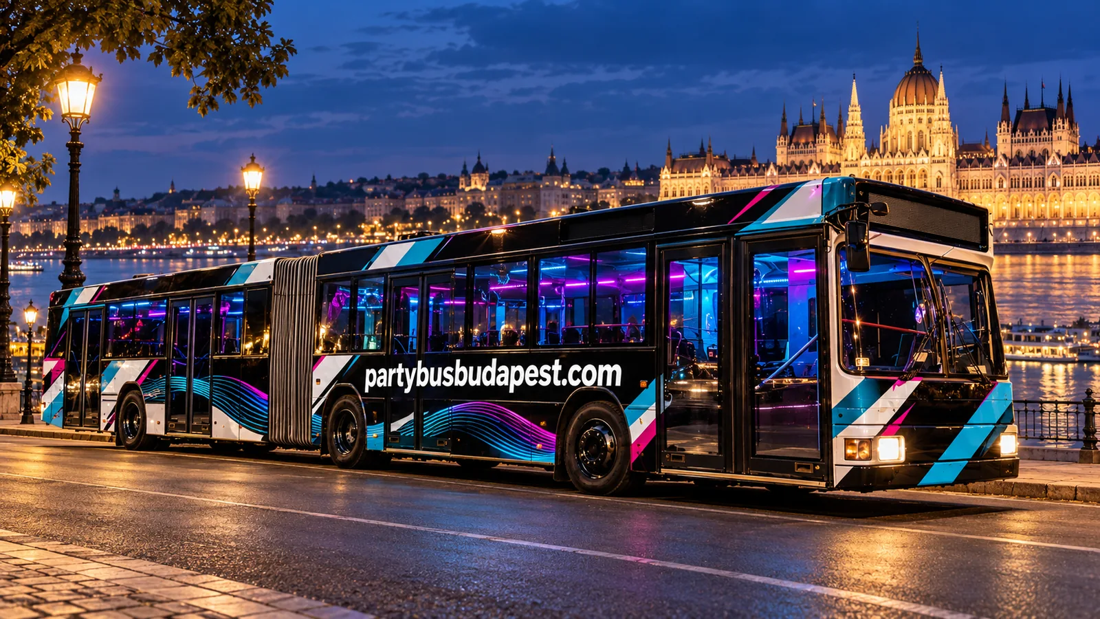 Black articulated party bus in Budapest with the Hungarian Parliament in the background