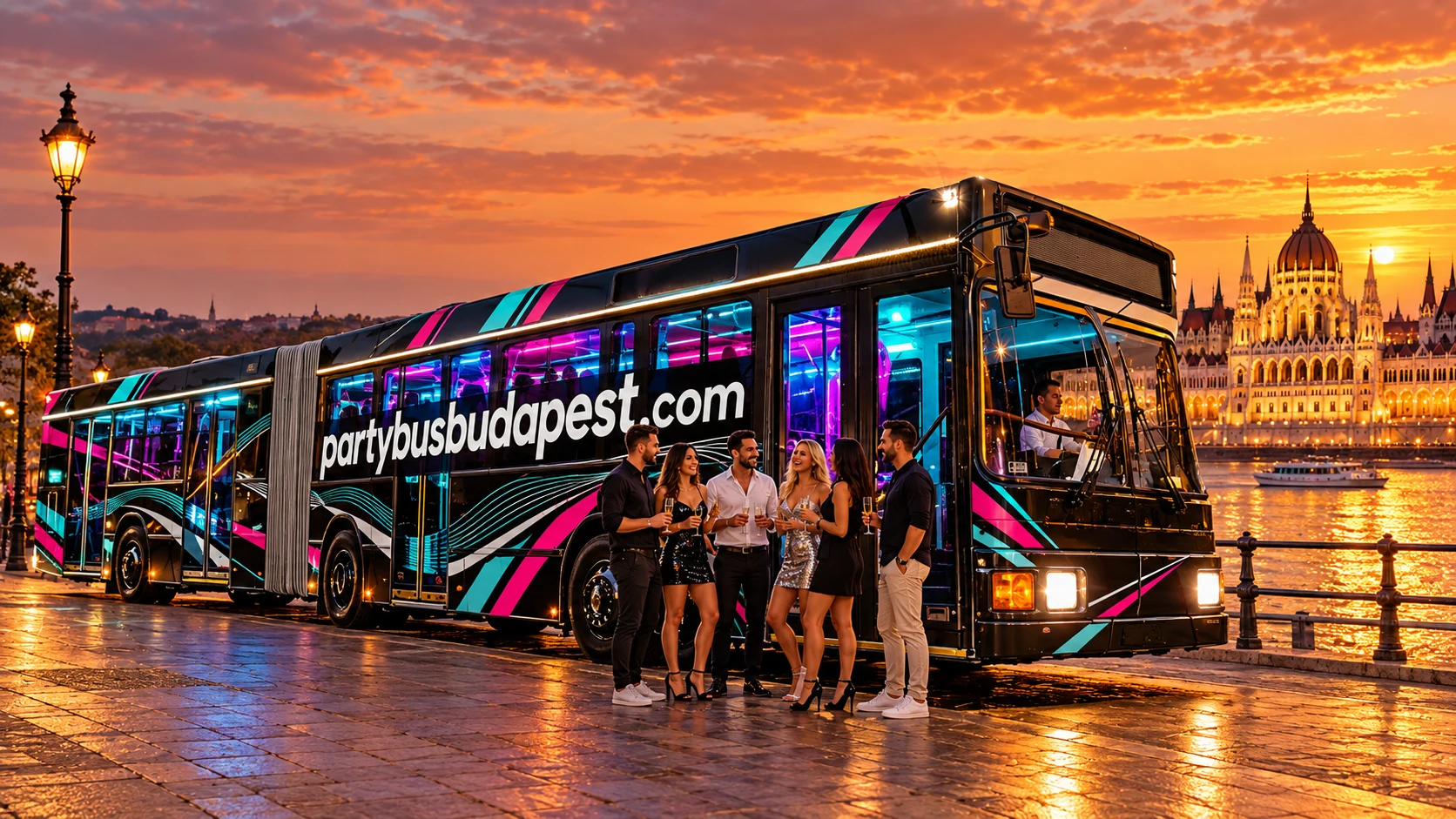 Black articulated 70 seater party bus beside the Danube with Budapest Parliament in the background