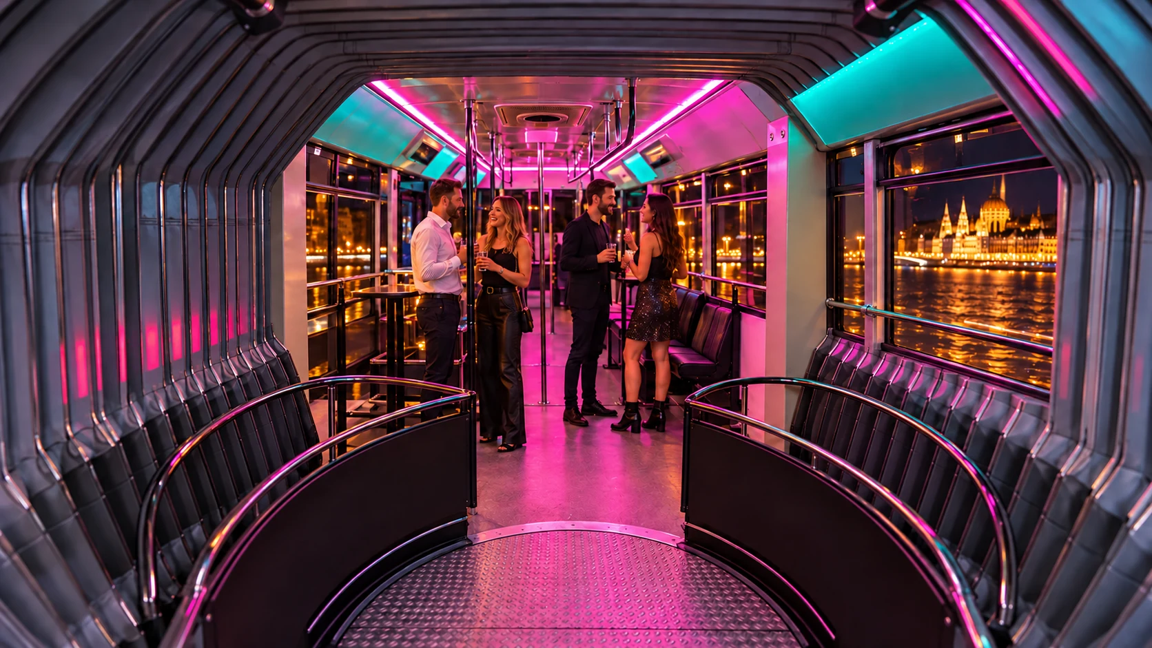 Guests inside the 70 seater party bus with an accordion passage and turquoise-pink lighting