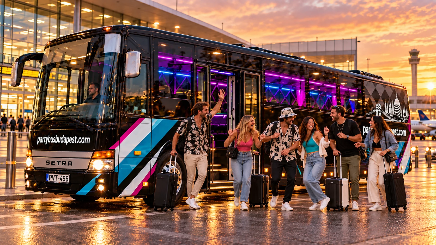 Friends with luggage beside a black party bus at Budapest airport pickup