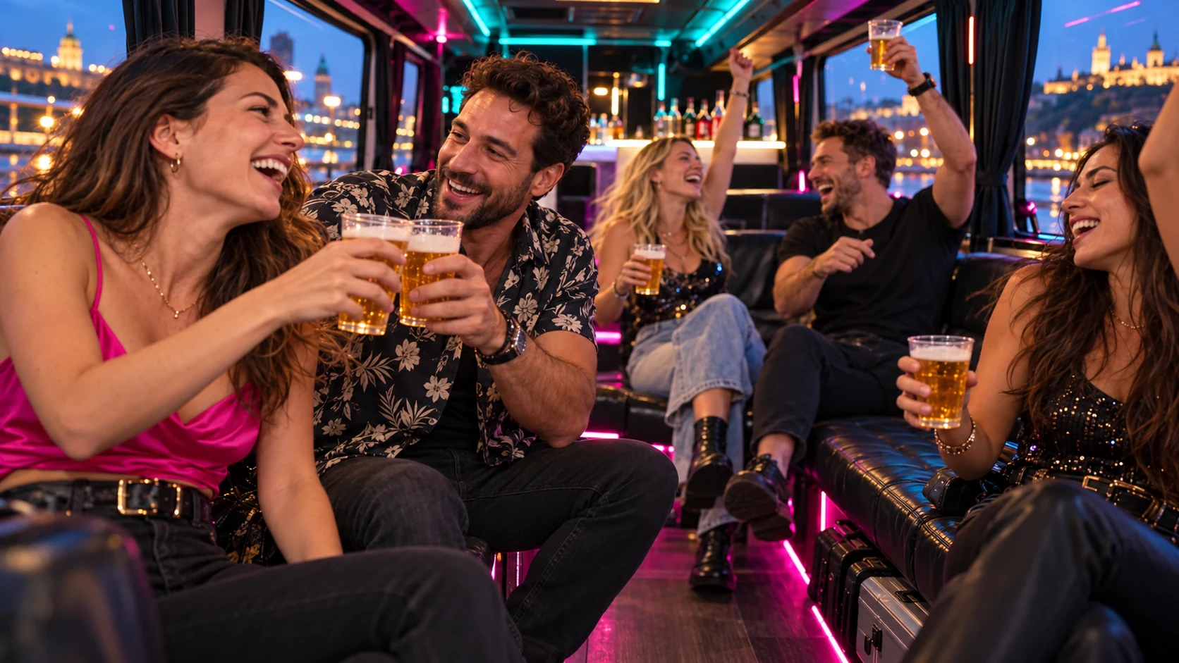 Friends toasting with beers inside a Budapest airport party bus with turquoise and pink lighting