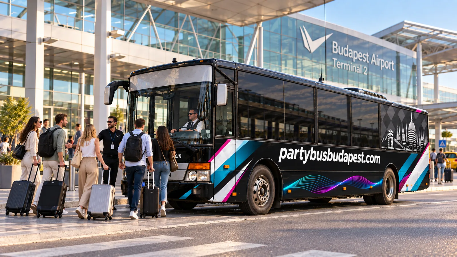 Group with luggage meeting a black party bus outside an airport terminal