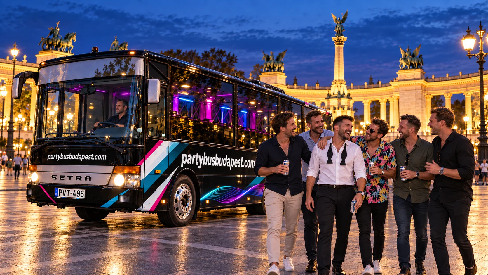 Stag party friends beside a black party bus at Heroes’ Square in Budapest