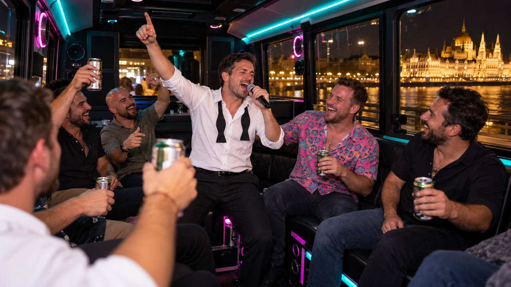 Groom singing karaoke with friends and beers inside a Budapest stag party bus