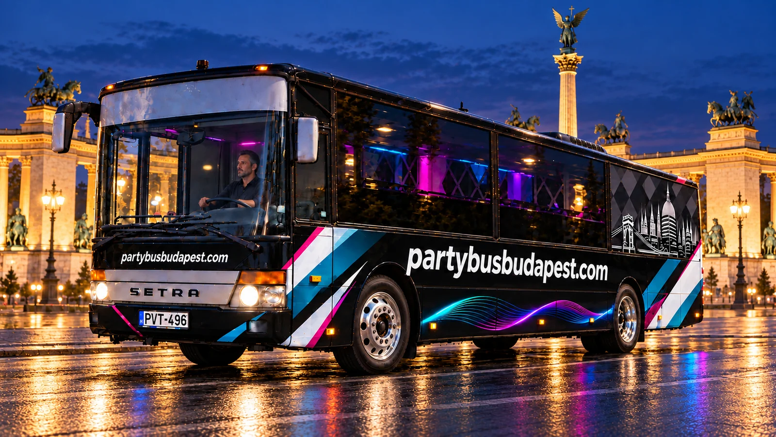 Black Setra party bus with polished wheels at Heroes’ Square in Budapest