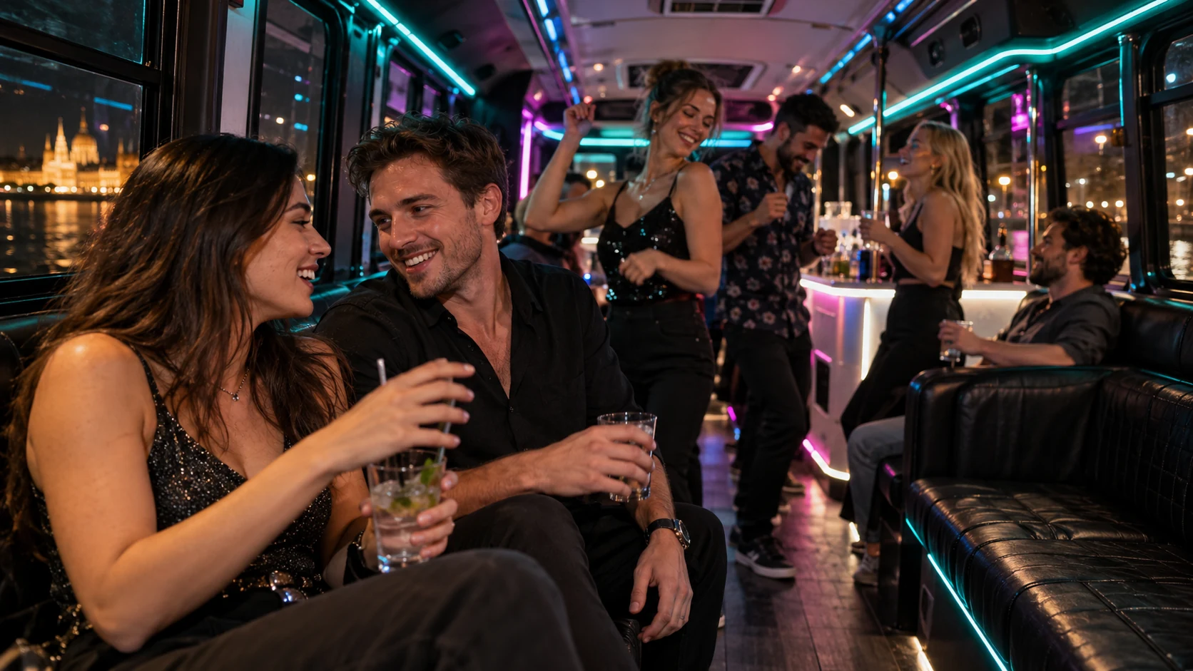 Friends chatting and dancing inside a Budapest party bus with turquoise and pink lighting