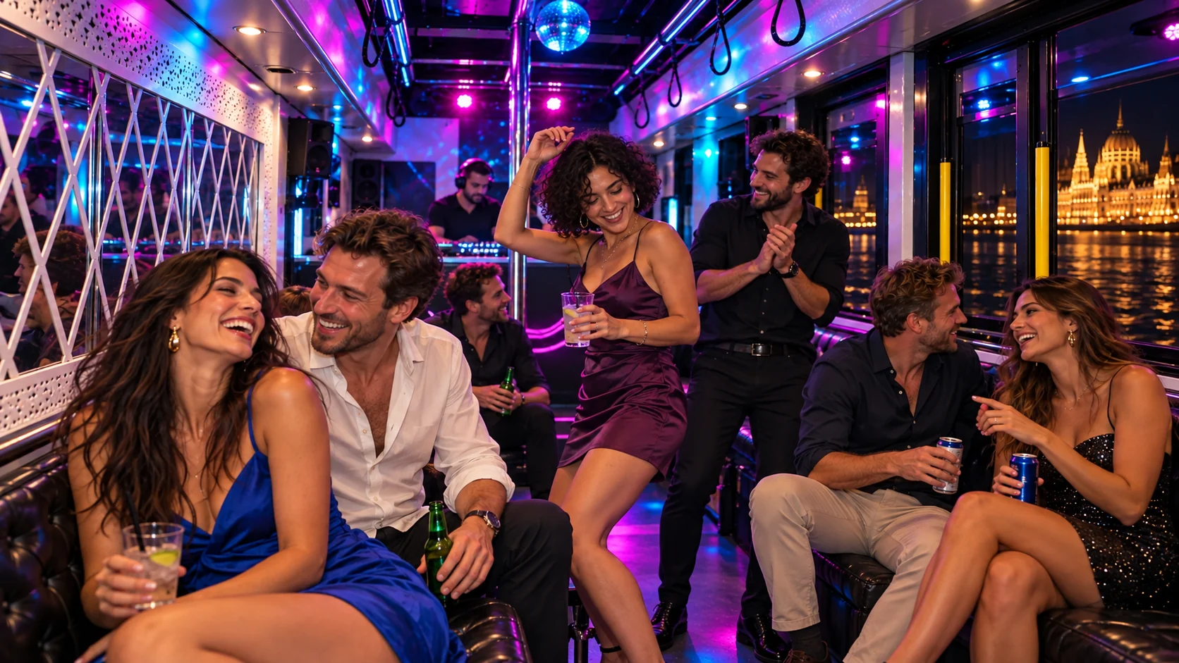 Friends celebrating beside the mirrored wall inside a Budapest Setra party bus